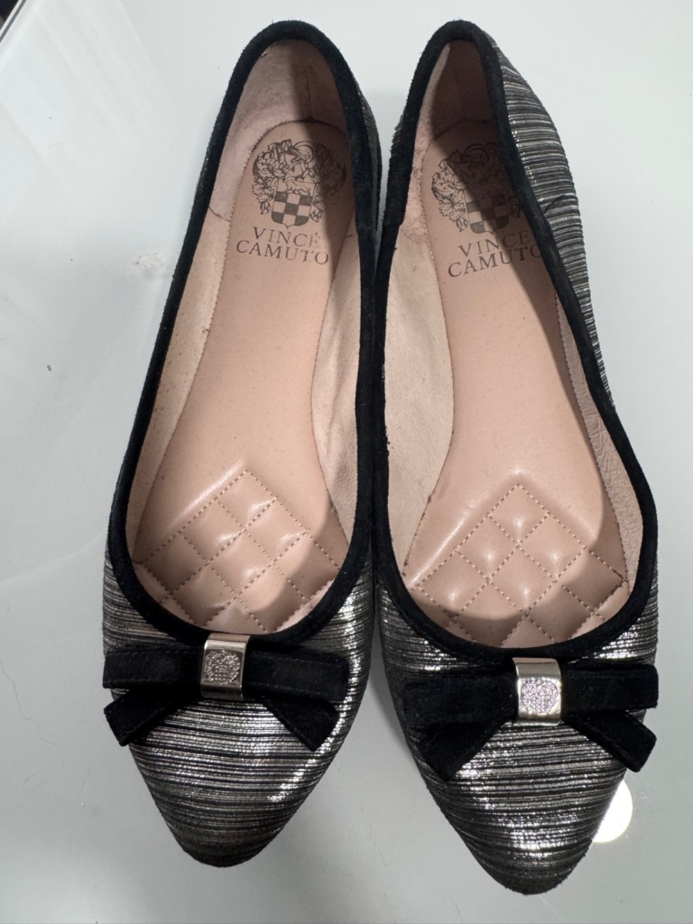 Vince Camuto Silver Metallic Pointed Toe Ballet Flats with Black Trim